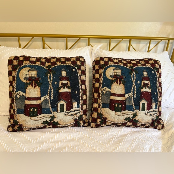 Set Of 2 Tapestry Throw  Pillows 16”x16” Christmas Lighthouses Nautical - Picture 1 of 9